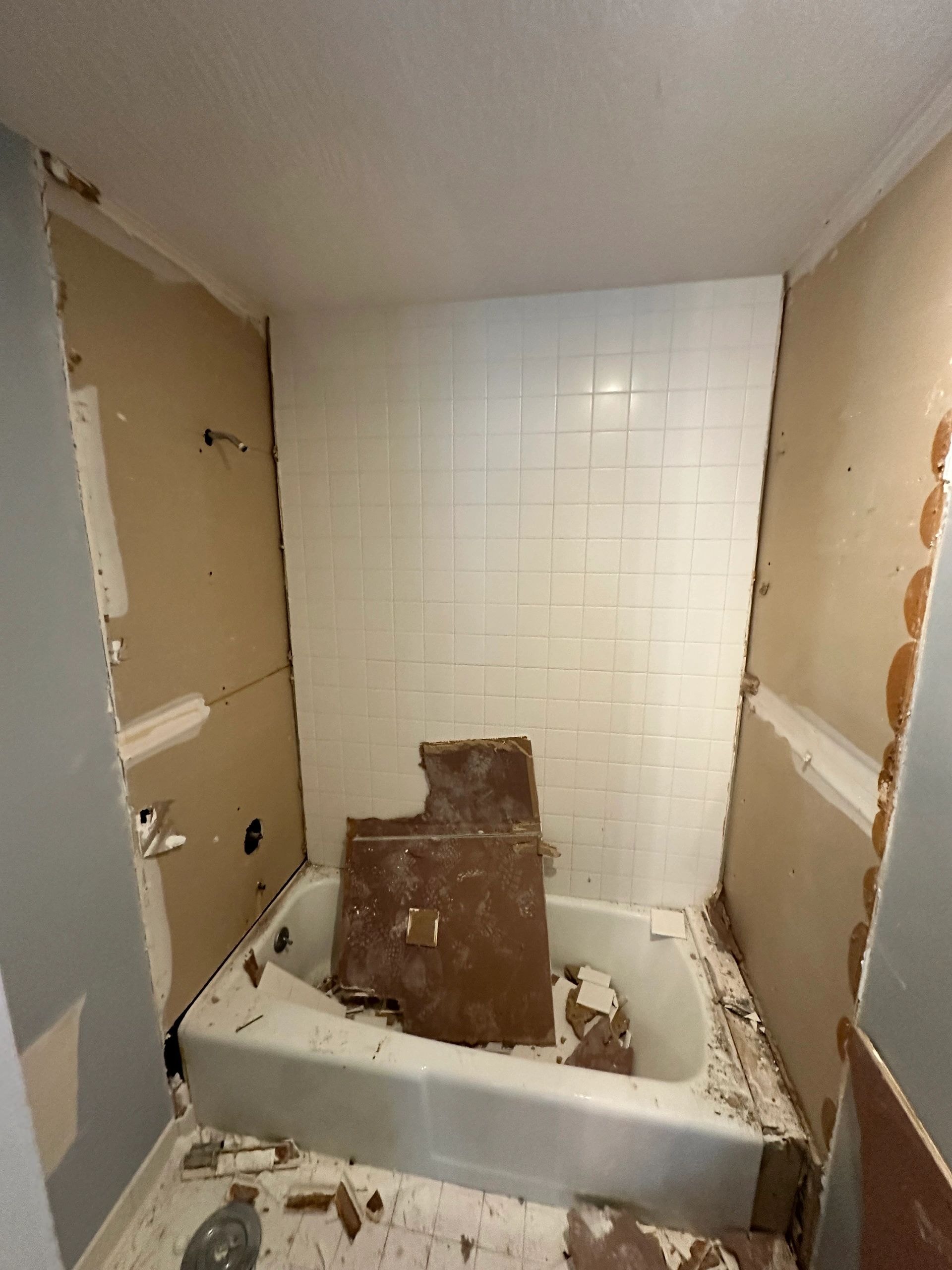 Bathroom remodel Oct 2025 — bathtub area with tiles stripped