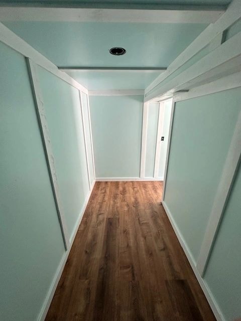 Hallway with mint walls and wooden floor — shed conversion project
