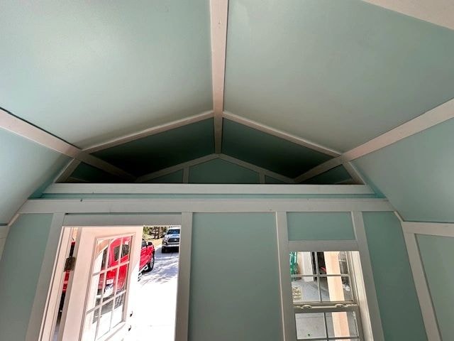 Interior shed with vaulted ceiling and windows — completed